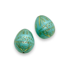Czech glass decorated Easter egg beads 6pc blue gold 14x12mm
