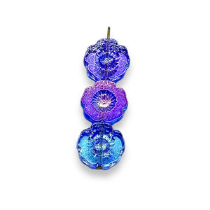 Czech glass table cut hibiscus flower beads 6pc blue purple metallic 14mm