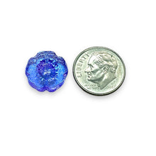 Load image into Gallery viewer, Czech glass table cut hibiscus flower beads 6pc blue purple metallic 14mm
