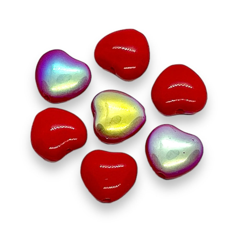 Czech glass heart beads 30pc opaque red AB 8mm