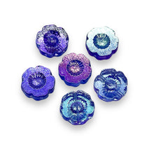 Load image into Gallery viewer, Czech glass table cut hibiscus flower beads 6pc blue purple metallic 14mm
