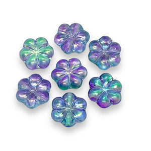 Czech glass puffed daisy flower beads 8pc green purple pink metallic 15mm