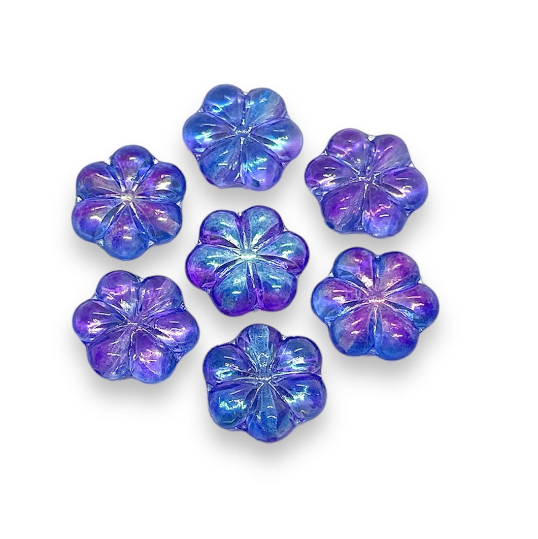 Czech glass puffed daisy flower beads 8pc blue purple metallic 15mm