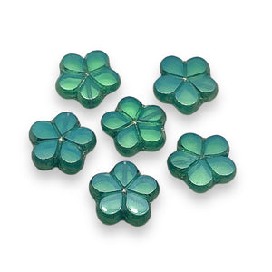 Czech glass table cut daisy flower beads 6pc uranium blue green 17mm