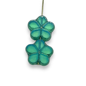 Czech glass table cut daisy flower beads 6pc uranium blue green 17mm