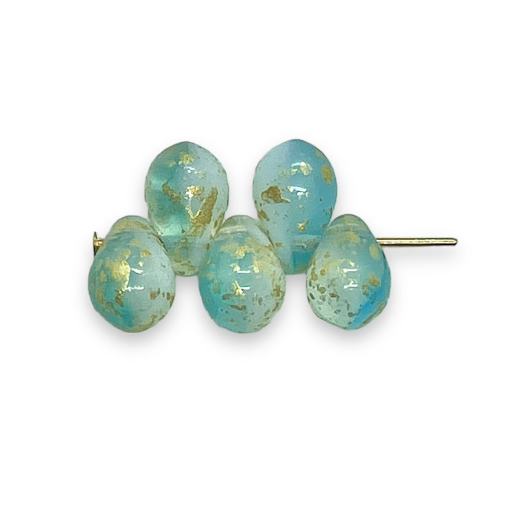 Czech glass teardrop beads 50pc blue white gold 9x6mm