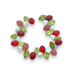 Czech glass strawberry fruit beads mix with leaves & flowers #1 36pc