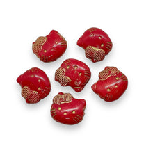 Load image into Gallery viewer, Czech glass 2-hole cartoon cat face beads 6pc red gold 18x17mm
