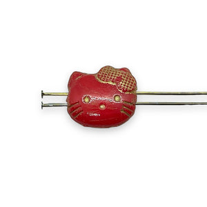 Czech glass 2-hole cartoon cat face beads 6pc red gold 18x17mm