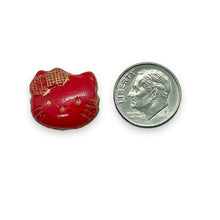 Load image into Gallery viewer, Czech glass 2-hole cartoon cat face beads 6pc red gold 18x17mm
