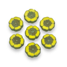 Load image into Gallery viewer, Czech glass hibiscus flower beads 12pc yellow picasso 12mm
