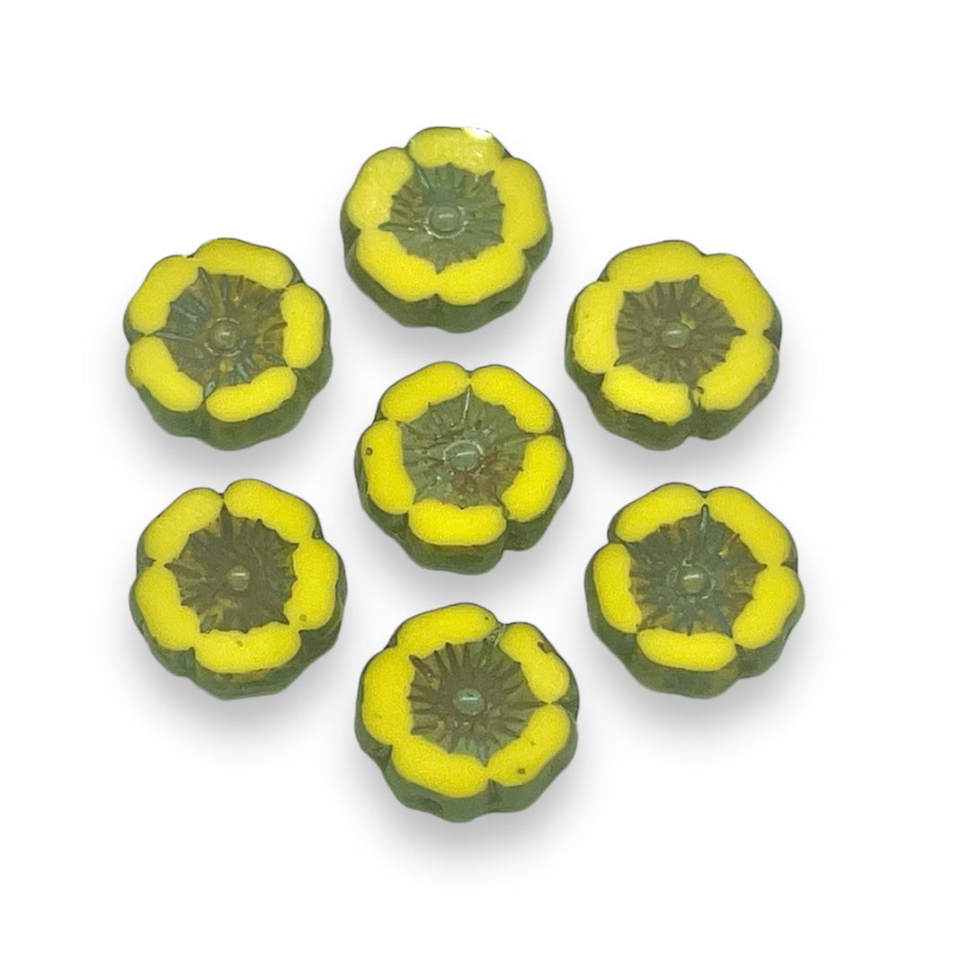 Czech glass hibiscus flower beads 12pc yellow picasso 12mm