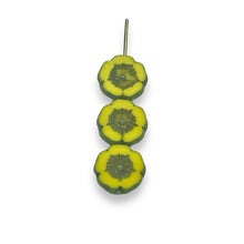 Load image into Gallery viewer, Czech glass hibiscus flower beads 12pc yellow picasso 12mm
