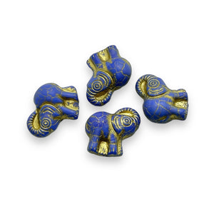 Czech glass elephant beads 4pc blue gold #2 20mm