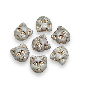 Czech glass cat face beads 10pc alabaster copper 13x11mm