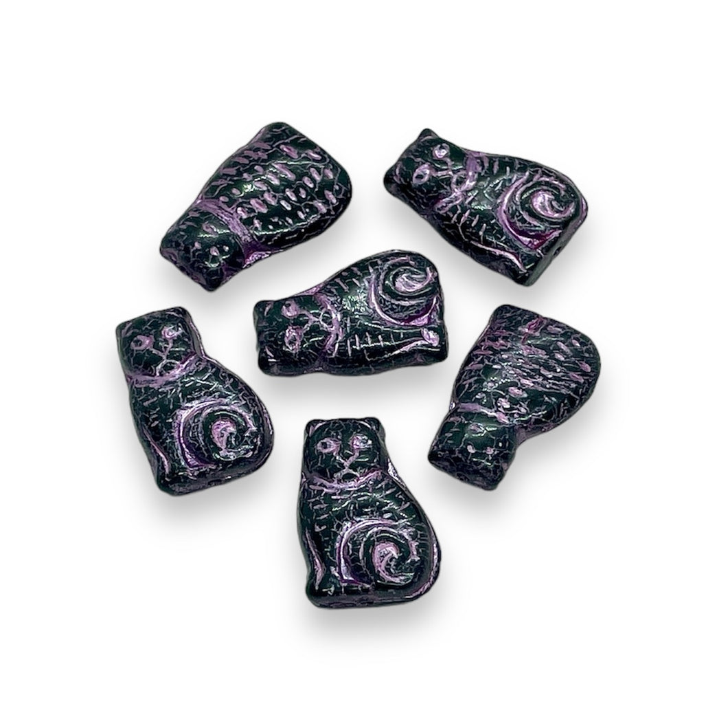 Czech glass seated cat beads jet black pink 10pc 17mm