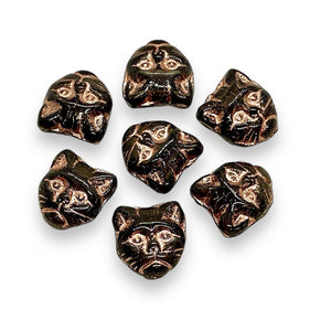 Czech glass black cat head face beads 10pc black copper #2 13x11mm