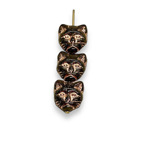 Czech glass black cat head face beads 10pc black copper #2 13x11mm