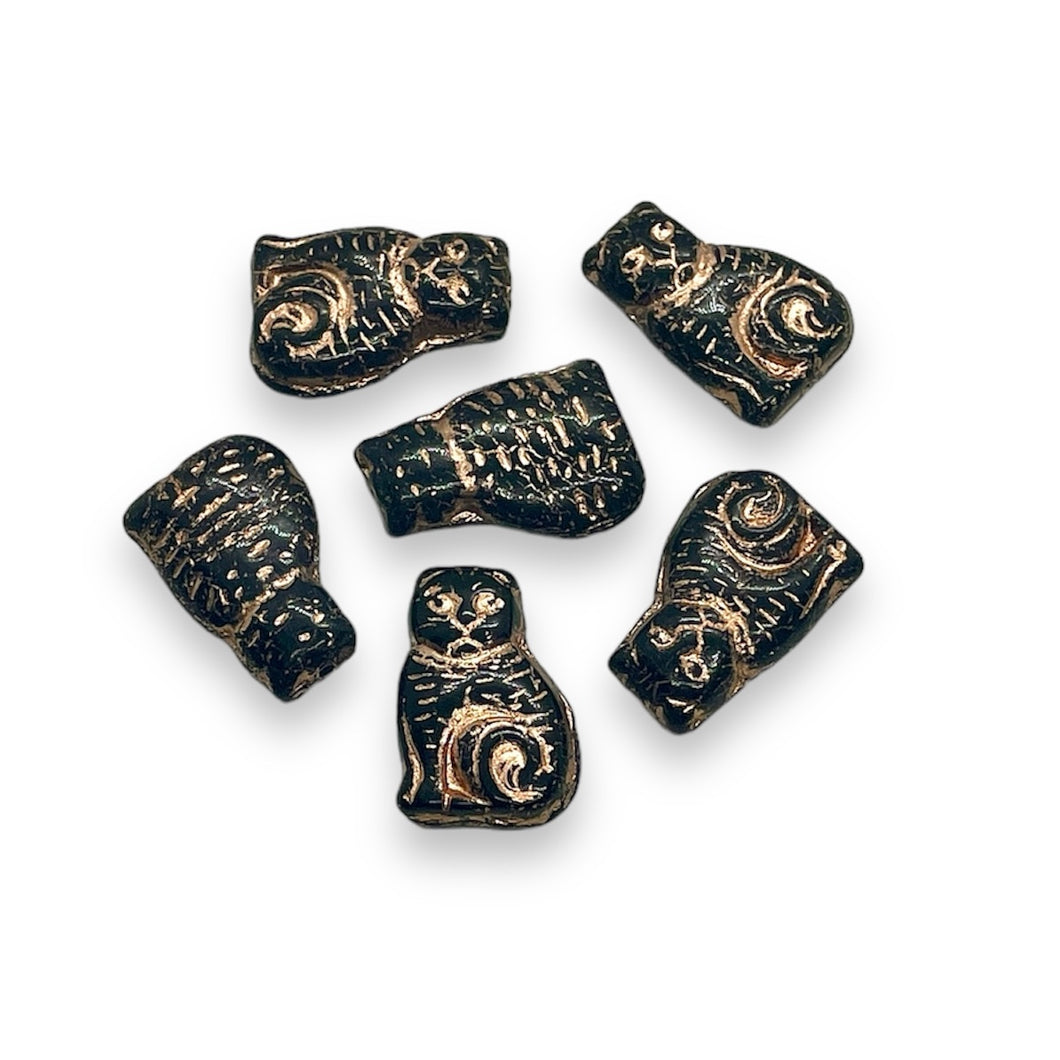 Czech glass seated cat beads jet black copper 10pc 17mm