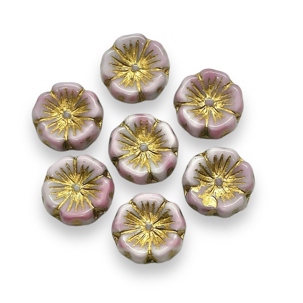 Czech glass hibiscus flower beads 10pc white pink gold 14mm