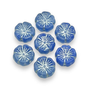 Czech glass hibiscus flower beads 10pc blue silver 14mm