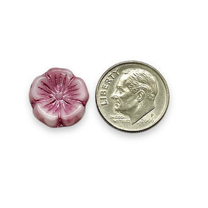 Czech glass hibiscus flower beads 10pc white pink 14mm