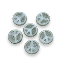 Load image into Gallery viewer, Czech glass peace sign table cut coin beads 6pc white silver 16mm
