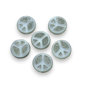 Czech glass peace sign table cut coin beads 6pc white silver 16mm