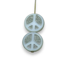 Load image into Gallery viewer, Czech glass peace sign table cut coin beads 6pc white silver 16mm
