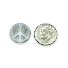 Load image into Gallery viewer, Czech glass peace sign table cut coin beads 6pc white silver 16mm
