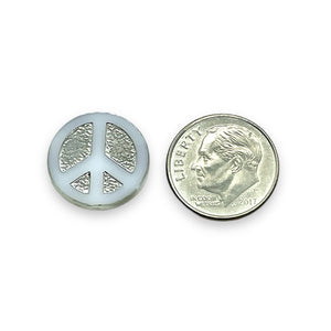 Czech glass peace sign table cut coin beads 6pc white silver 16mm