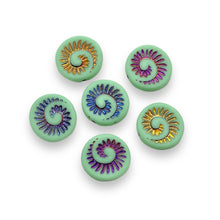 Load image into Gallery viewer, Czech glass ammonite fossil shell coin beads 6pc turquoise sliperit 19mm #2
