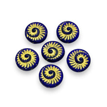 Load image into Gallery viewer, Czech glass ammonite fossil seashell shell beads 6pc frosted dark blue gold 19mm
