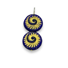 Load image into Gallery viewer, Czech glass ammonite fossil seashell shell beads 6pc frosted dark blue gold 19mm
