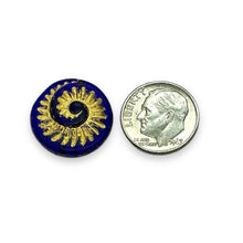 Load image into Gallery viewer, Czech glass ammonite fossil seashell shell beads 6pc frosted dark blue gold 19mm
