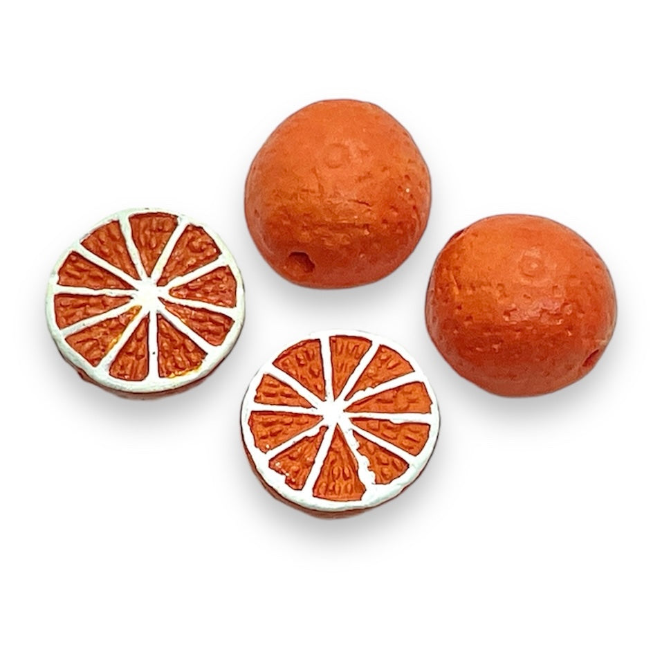 Tiny orange fruit beads Peruvian ceramic 4pc 13x7mm