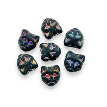 Load image into Gallery viewer, Czech glass cat head face beads 10pc matte black sliperit 13x11mm
