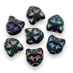 Czech glass cat head face beads 10pc matte black sliperit 13x11mm