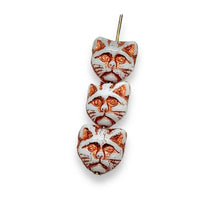 Load image into Gallery viewer, Czech glass cat head face beads 10pc white copper 13x11mm
