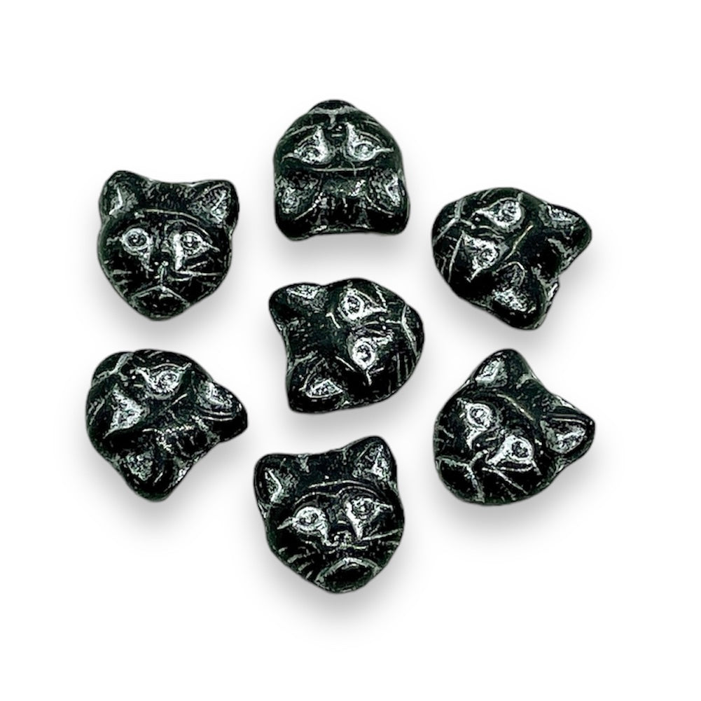 Czech glass cat head face beads 10pc black silver 13x11mm #3