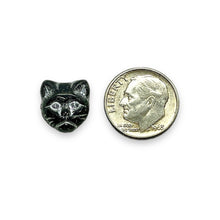 Load image into Gallery viewer, Czech glass cat head face beads 10pc black silver 13x11mm #3
