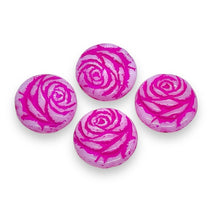 Load image into Gallery viewer, Czech glass carved rose flower coin beads 6pc white hot pink 18mm
