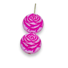 Load image into Gallery viewer, Czech glass carved rose flower coin beads 6pc white hot pink 18mm
