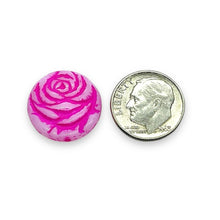 Load image into Gallery viewer, Czech glass carved rose flower coin beads 6pc white hot pink 18mm
