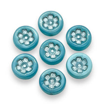 Load image into Gallery viewer, Czech glass daisy flower coin beads 8pc blue silver 16mm
