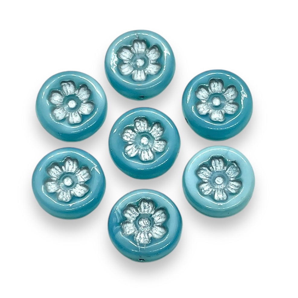 Czech glass daisy flower coin beads 8pc blue silver 16mm