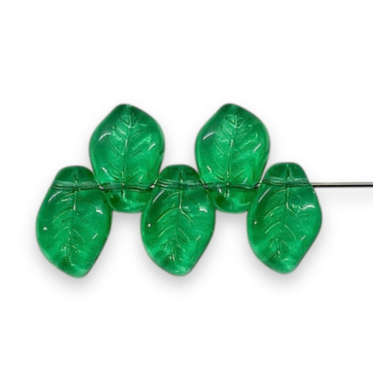 Czech glass wavy leaf beads 20pc emerald green 14x9mm #2