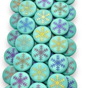 Czech glass laser tattoo snowflake coin beads 8pc turquoise sliperit 17mm