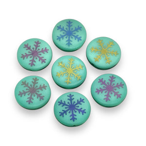 Czech glass laser tattoo snowflake coin beads 8pc turquoise sliperit 17mm