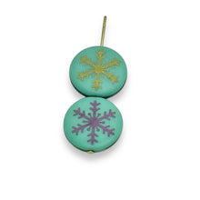 Load image into Gallery viewer, Czech glass laser tattoo snowflake coin beads 8pc turquoise sliperit 17mm
